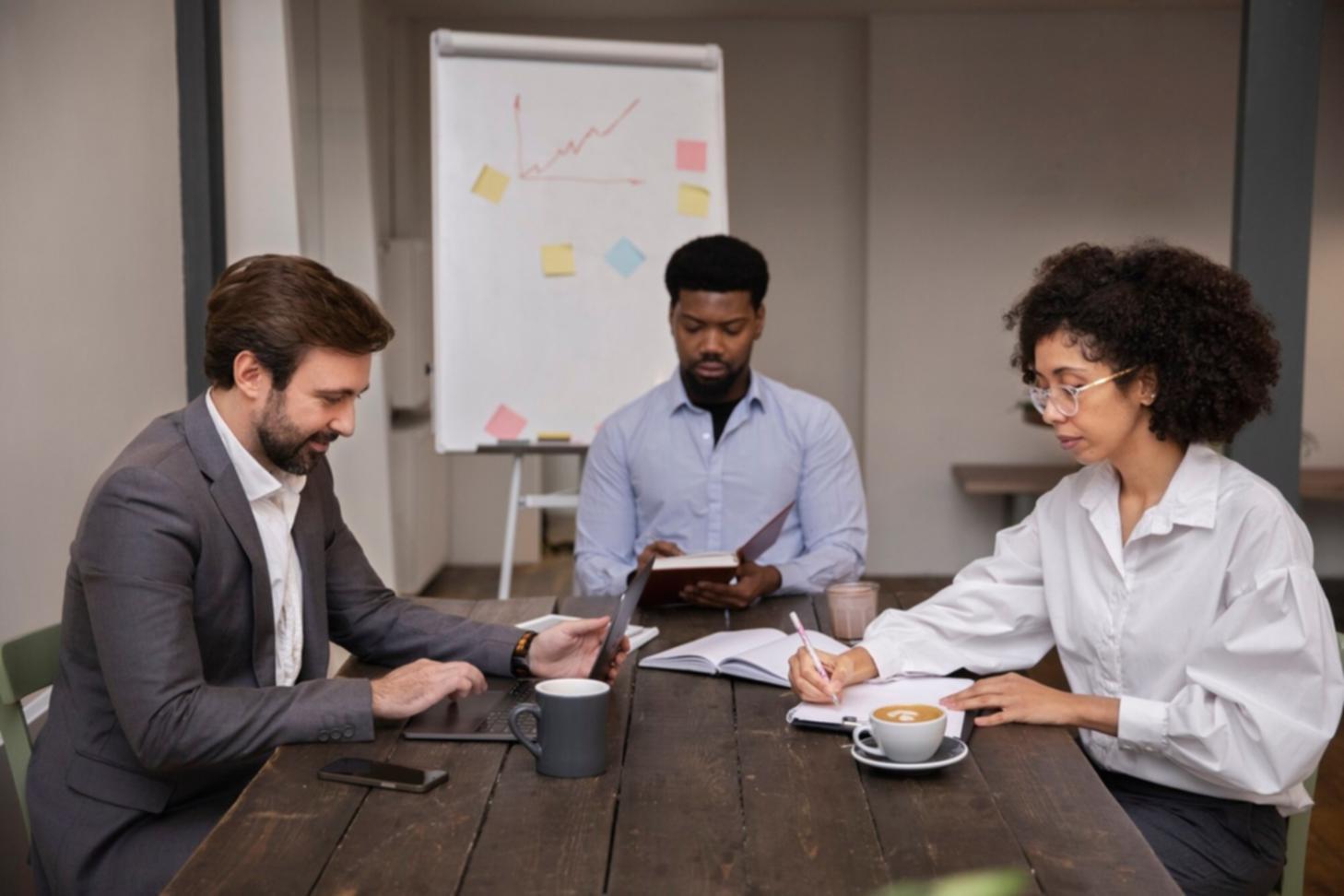 Profesionales trabajando en análisis financiero y modelos de negocio